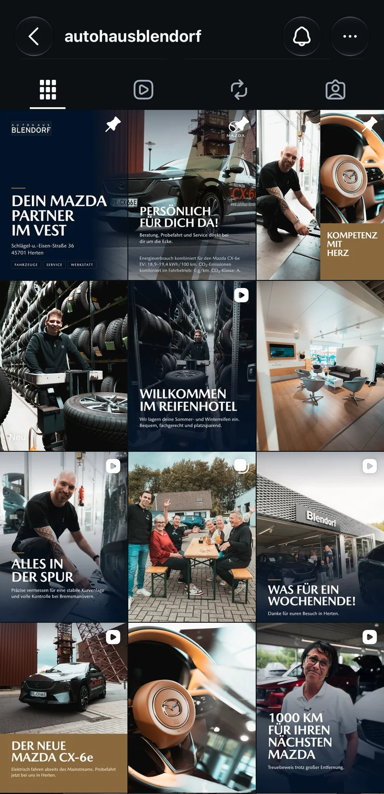 Instagram-Profil autohausblendorf mit Beitragsraster aus Reels und gestalteten Titelkarten