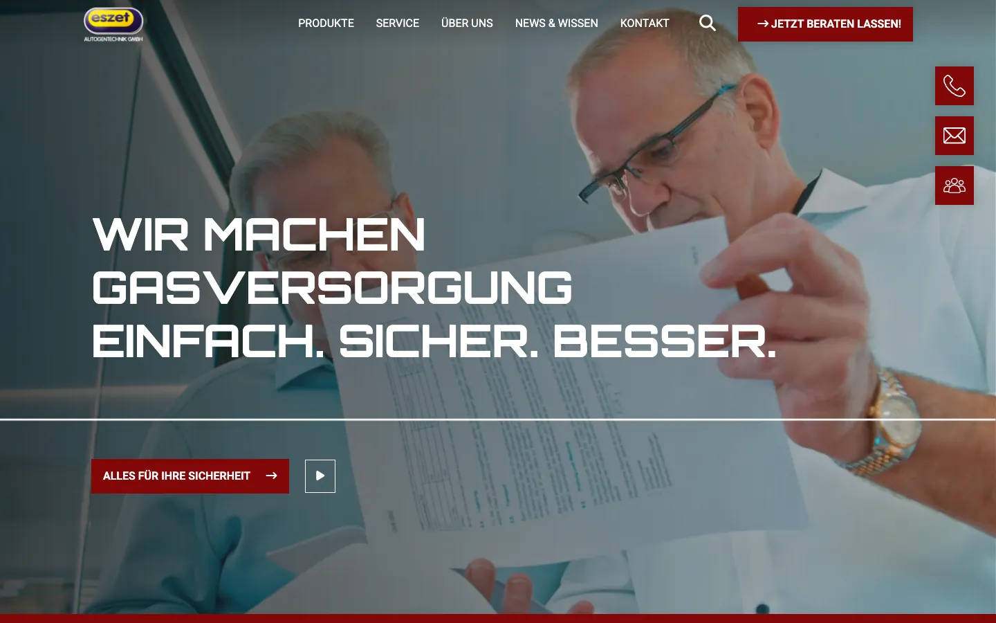 Startseite von eszet.de mit Szene aus dem Imagefilm im Kopf der Seite