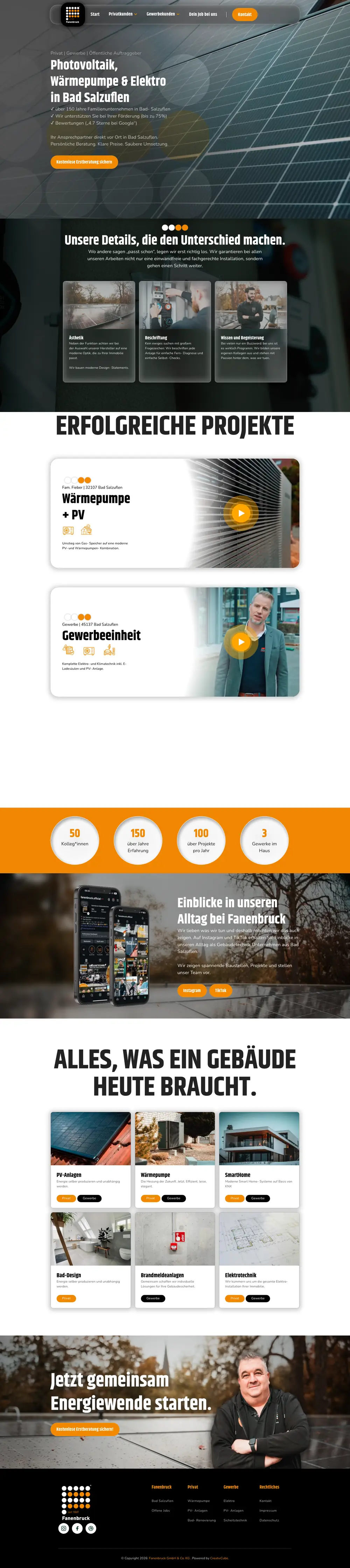Startseite der neuen Fanenbruck-Website mit Leistungen, Projekten und Kennzahlen