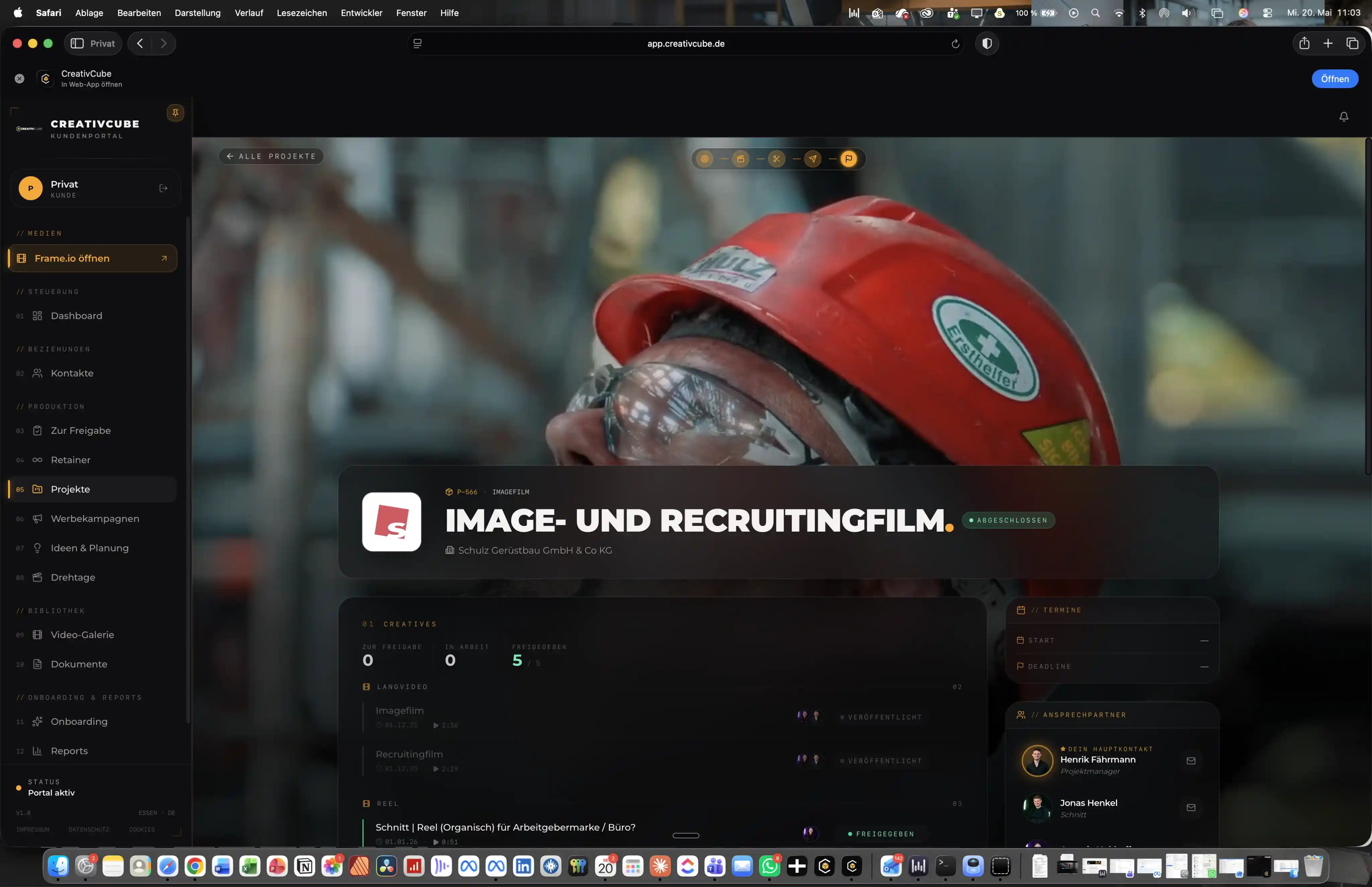 CreativCube Kundenportal · Dashboard mit Projektübersicht, Live-Drehverfolgung und Statusübersicht