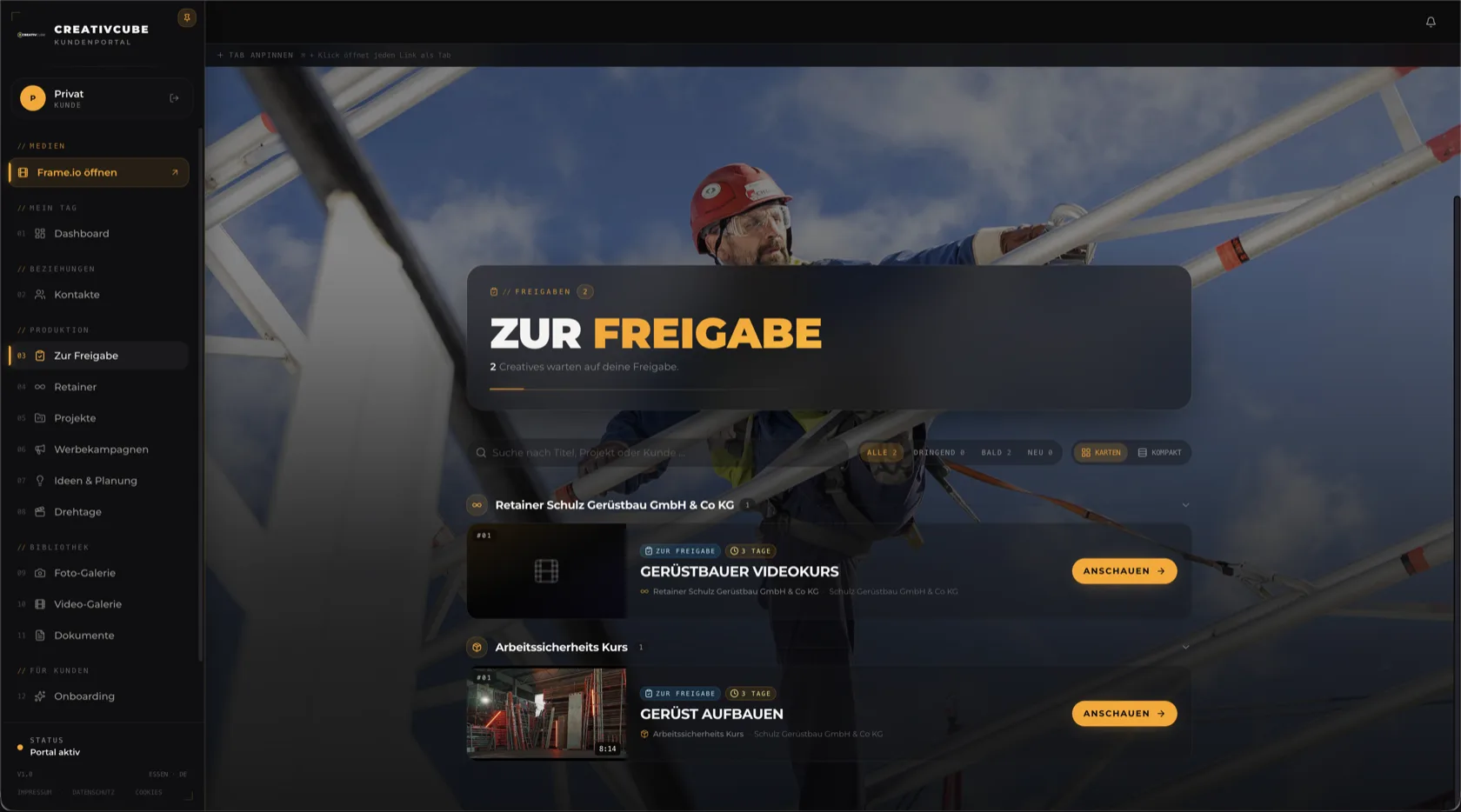 Freigabe-Ansicht im Kundenportal: Creatives, die auf Freigabe warten, mit Anschauen-Button und Frist