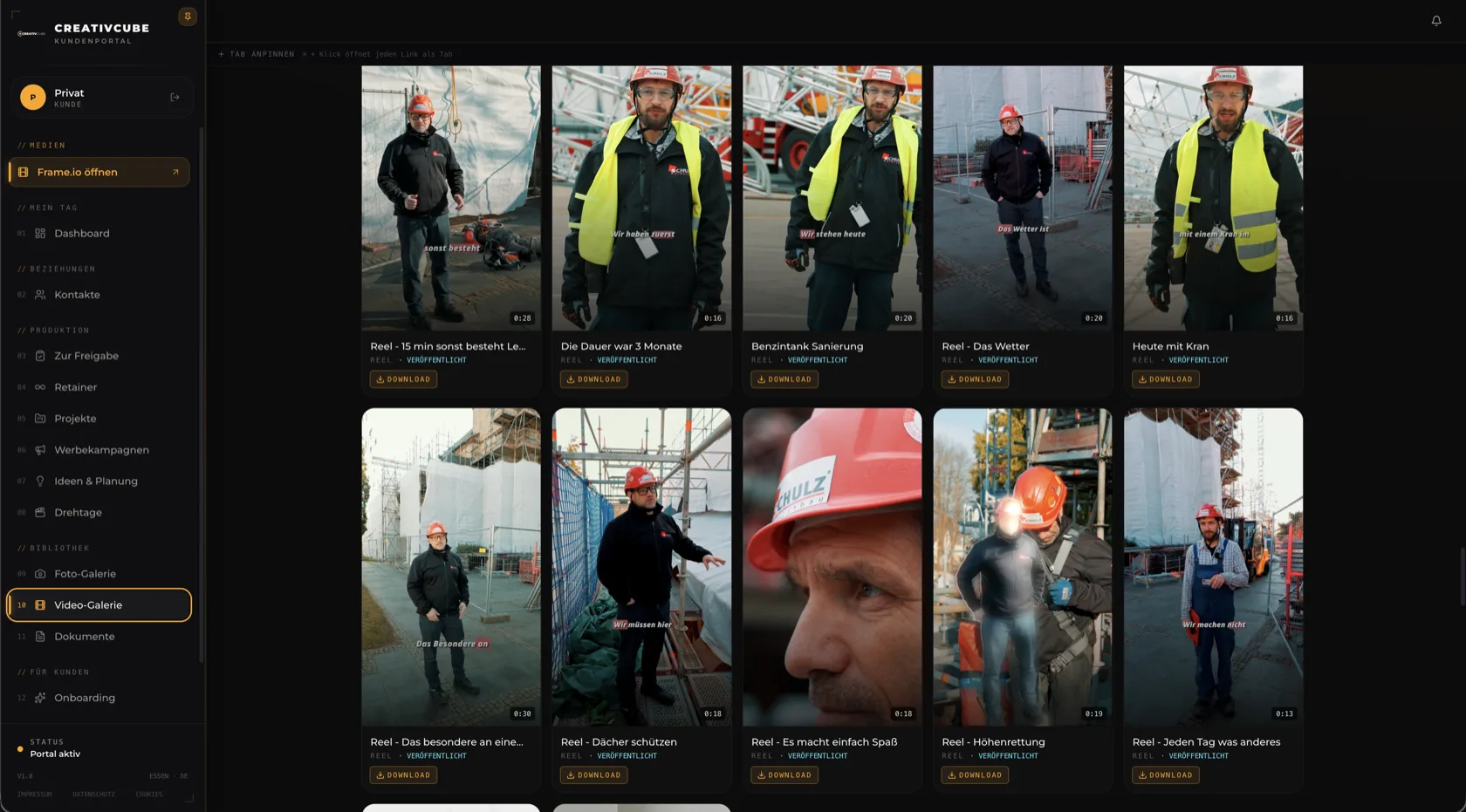 Video-Galerie im Kundenportal: Übersicht aller Reels mit Vorschaubild, Laufzeit, Veröffentlicht-Status und Download
