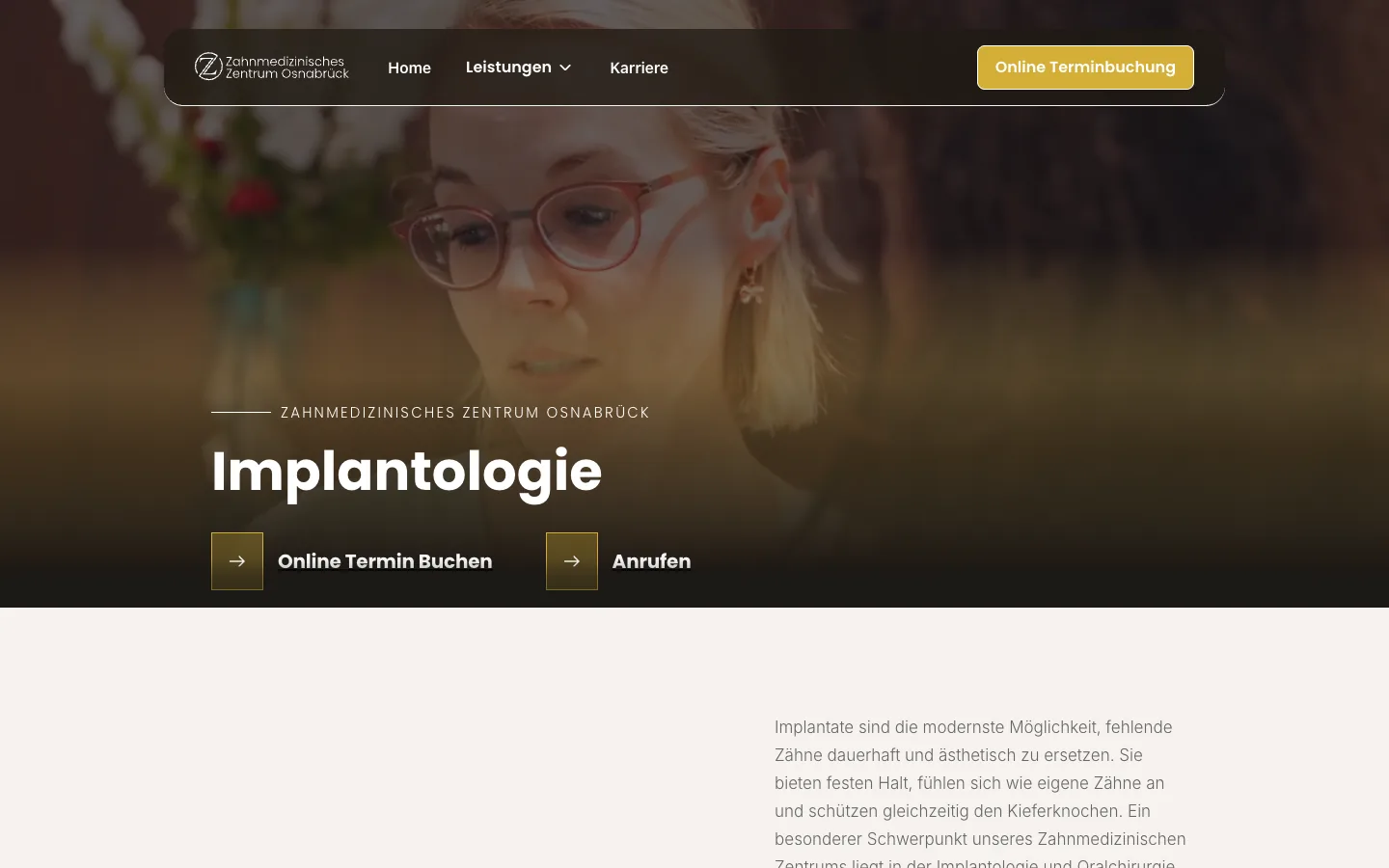 Leistungsseite Implantologie auf zzos.de