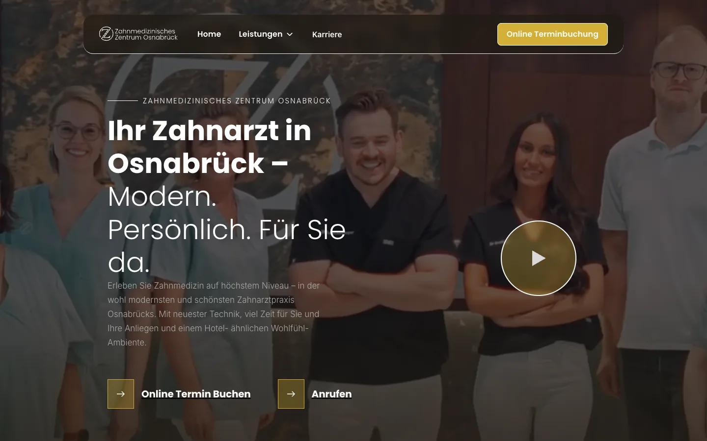 Startseite von zzos.de mit Team im Hintergrund und den Knöpfen für Termin und Anruf
